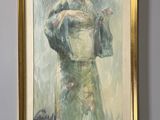 an oil painting of a woman in a green dress holding a pot