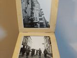two old photos of people walking down the street
