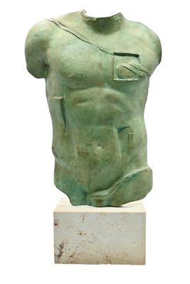 statue of a male torso on a pedestal with a white background