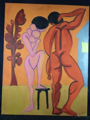 a painting of a man and a woman standing next to each other