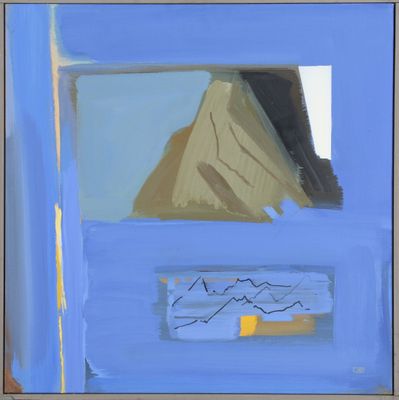 an image of a painting of a blue door with a mountain in the background