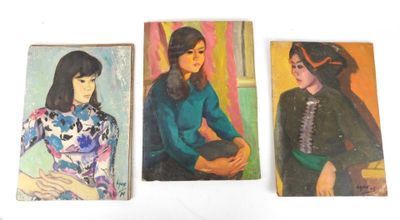 three paintings of a woman in a green dress, a woman in a blue dress, and a woman in a green dress