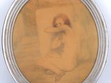 un tableau représentant une femme nue assise par terre
