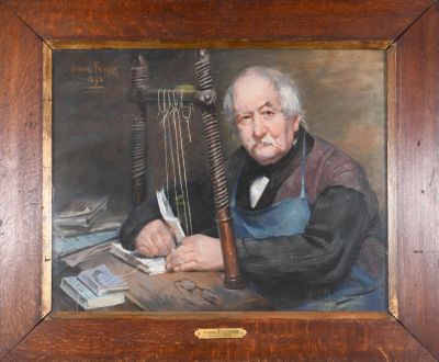 painting of an old man with a harp in a wooden frame