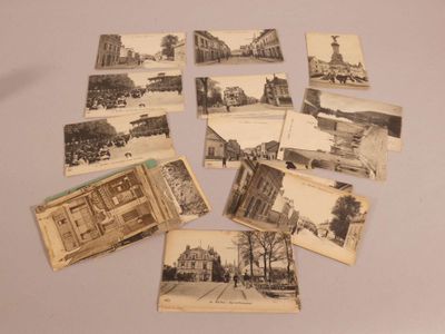 several old black and white photos of buildings and a clock tower