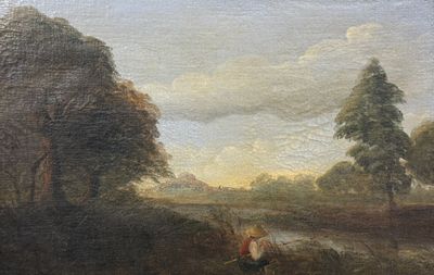 une peinture à l'huile représentant un homme en train de labourer un champ, avec un cheval au loin