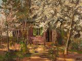 tableau représentant une maison dans les bois, entourée d'arbres