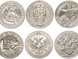 six types différents de pièces d'argent sur fond blanc