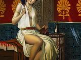 painting of a woman sitting on a bed with a mirror in her hand
