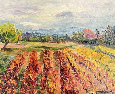 un tableau représentant un champ avec un arbre et une maison au loin