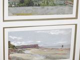 two paintings of a beach and a body of water