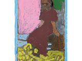 a painting of a woman in a red dress sitting on a pile of bananas