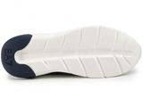 a close up of a pair of white and blue shoes on a white surface