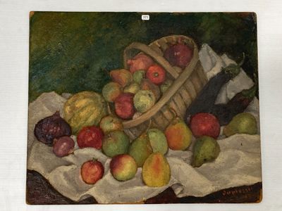 une peinture représentant un panier de pommes et de poires posé sur une table