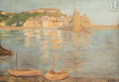 a painting of two boats on the water near a town