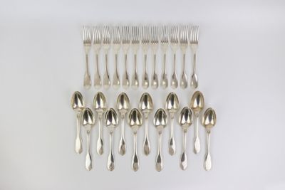 six silver spoons and six spoons are arranged on a white surface