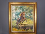 une peinture à l'huile représentant un cheval et son cavalier sautant par-dessus une bûche