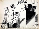 drawing of a cartoon of a man talking to a woman in front of a door