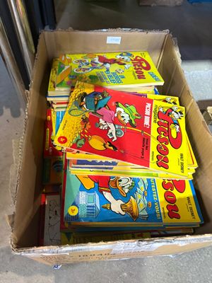 une boîte en carton remplie de livres pour enfants posée par terre