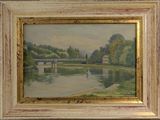 une image d'une peinture représentant un pont sur une rivière
