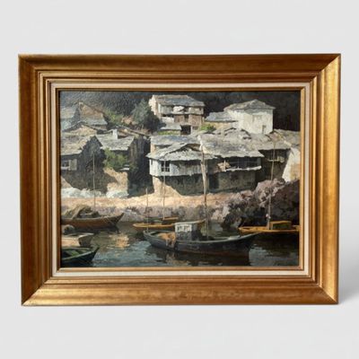 une photo d'un tableau représentant un village au bord de l'eau