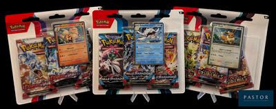 three packs of pokemon trading cards on display in a display case