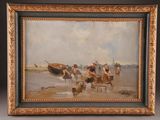 painting of a group of people on a beach with a boat in the background