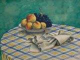 une peinture représentant une coupe de fruits sur une table