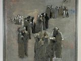 une peinture représentant un groupe de personnes marchant dans la rue