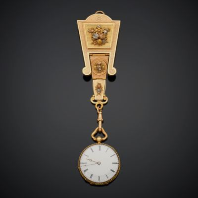 Châtelaine et sa montre en or trois tons 750 millièmes et argent 800 m