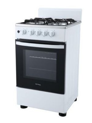 cuisinière avec plan de cuisson blanc, brûleur noir et porte noire