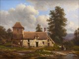 painting of a farm scene with a cottage and a stream