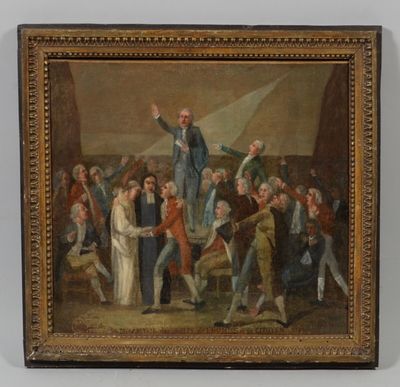 un vieux tableau représentant un homme debout devant une foule de gens