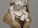 bust of a woman wearing a hat and holding a branch