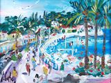 un tableau représentant un parc aquatique avec des gens qui s'y promènent
