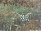 a painting of a bird that is flying over a body of water