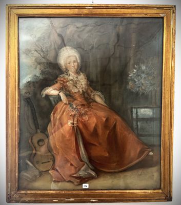 painting of a woman in a red dress sitting in a chair with a guitar