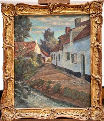 an oil painting of a street with houses and trees in a gold frame