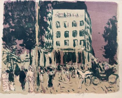 an image of a painting of a building with people walking around it