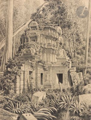 dessin représentant un temple dans la jungle, entouré de nombreux arbres