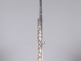 a silver flute on a clear stand on a grey background