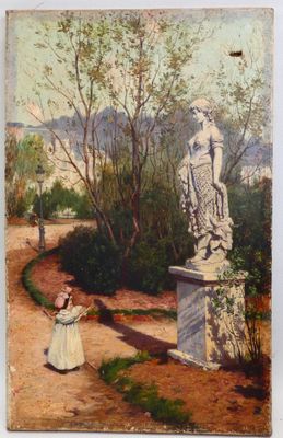tableau représentant une femme en robe blanche debout à côté d'une statue