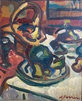 un tableau représentant une table sur laquelle se trouve une corbeille de fruits