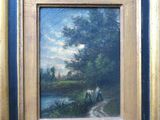 a painting of a couple sitting on a bench by a river