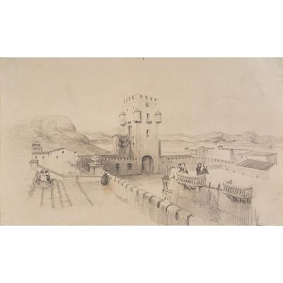 un vieux dessin représentant un château au cœur d'une ville