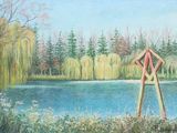 a painting of a person standing on a wooden pole
