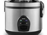 a silver and black rice cooker on a white background