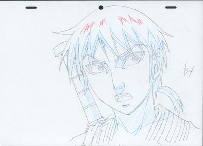 anime drawing of a man with blue hair holding a cell phone to his ear