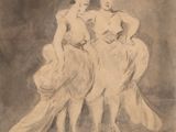 dessin représentant deux femmes assises sur une chaise, dont l'une tient un éventail