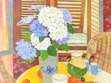 a painting of a table with a vase of flowers on it